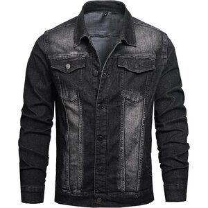 Men's Jean Jacket Distressed Slim Denim Jacket Long Sleeves Button Down Black
